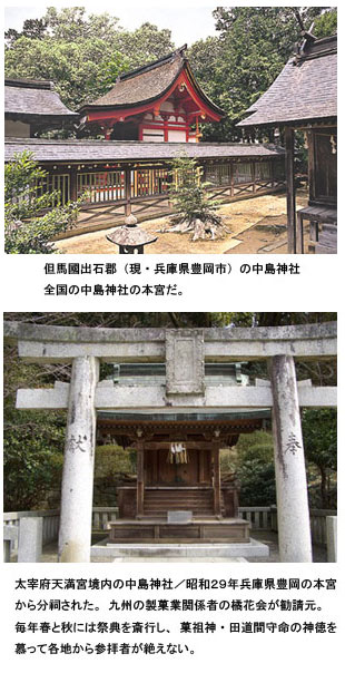 但馬國出石郡（現・兵庫県豊岡市）の中島神社／全国の中島神社の本宮だ。太宰府天満宮境内の中島神社／昭和２９年兵庫県豊岡の本宮から分祠された。九州の製菓業関係者の橘花会が勧請元。毎年春と秋には祭典を斎行し、菓祖神・田道間守命の神徳を慕って各地から参拝者が絶えない。