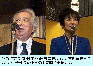 挨拶に立つ(財)日本健康・栄養食品協会 林裕造理事長（右）と、参議院副議長の山東昭子会長（左）