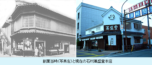 創業当時（写真右）と現在の石村萬盛堂本店