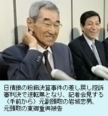 日債銀の粉飾決算事件の差し戻し控訴審判決で 逆転無となり、記者会見する（手前から） 元副頭取の岩城忠男、元頭取の東郷重興被告