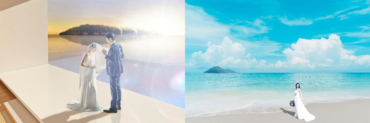 神聖な青島に見守られながら永遠を誓う（左）、ビーチに出て撮影も可能