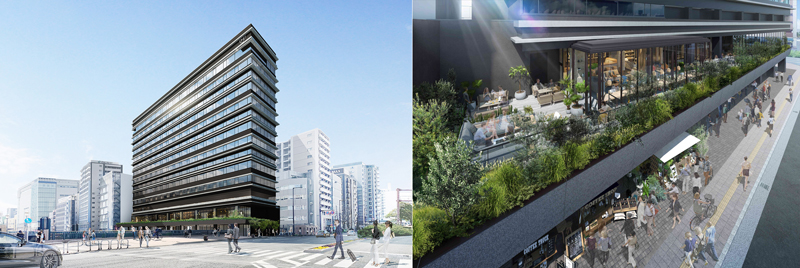 左：ザ ロイヤルパーク キャンバス福岡中洲外観イメージ ／ 右：緑化バルコニー&公開空地のピロティイメージ