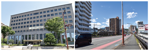 （左）福岡地方裁判所小倉支部  （右）県道270号・金田跨線橋