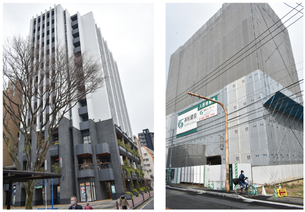 左：RE BLDG／右：（仮称）大橋一丁目計画新築工事